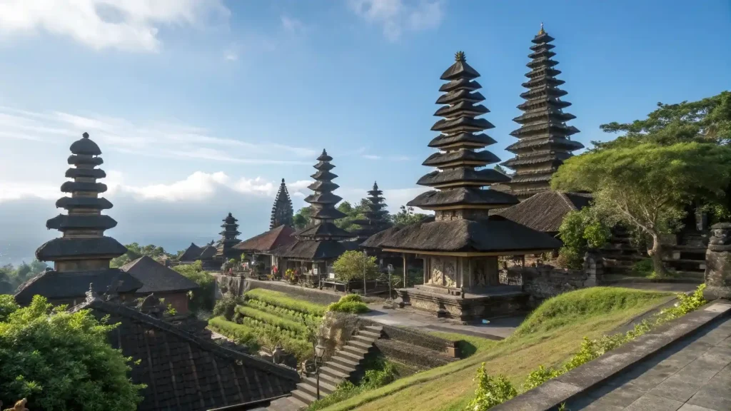 Meru towers of Pura Besakih on the slopes of Mount Agung