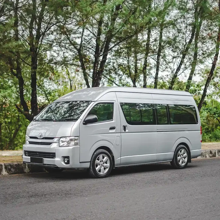 Silver Toyota HiAce parked on a tree-lined Bali road