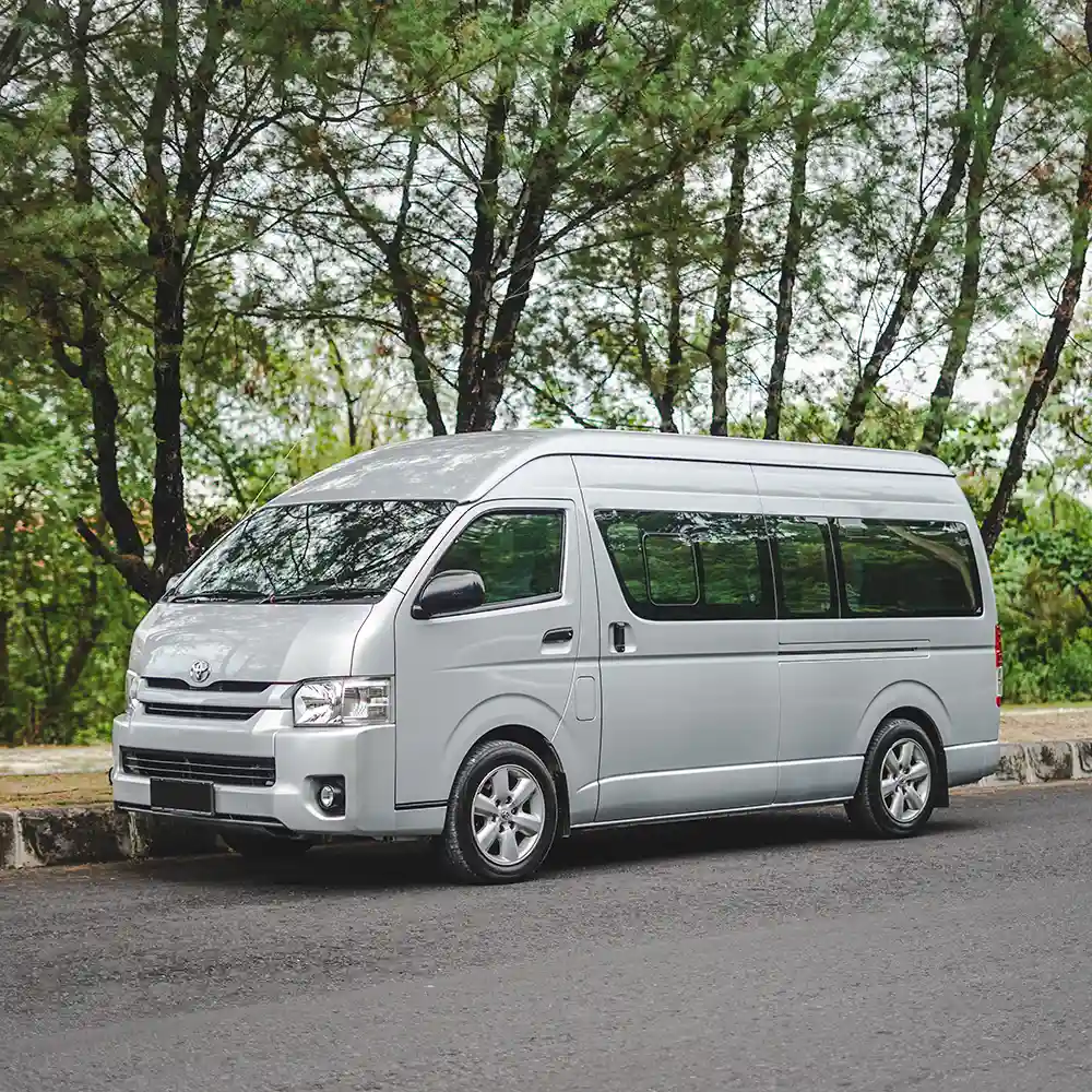 Silver Toyota HiAce parked on a tree-lined Bali road