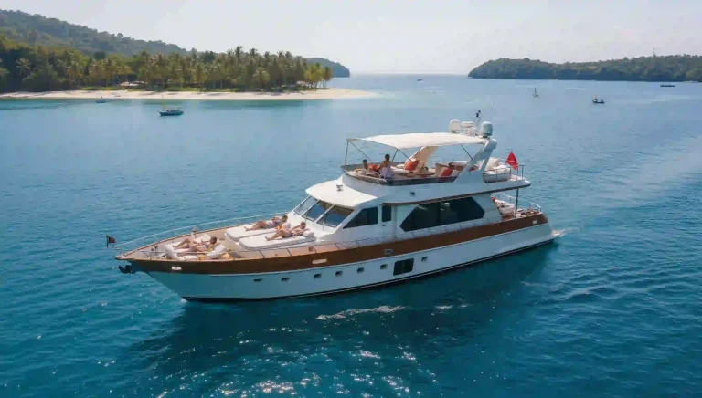 Private motor yacht anchored off a forested Bali bay