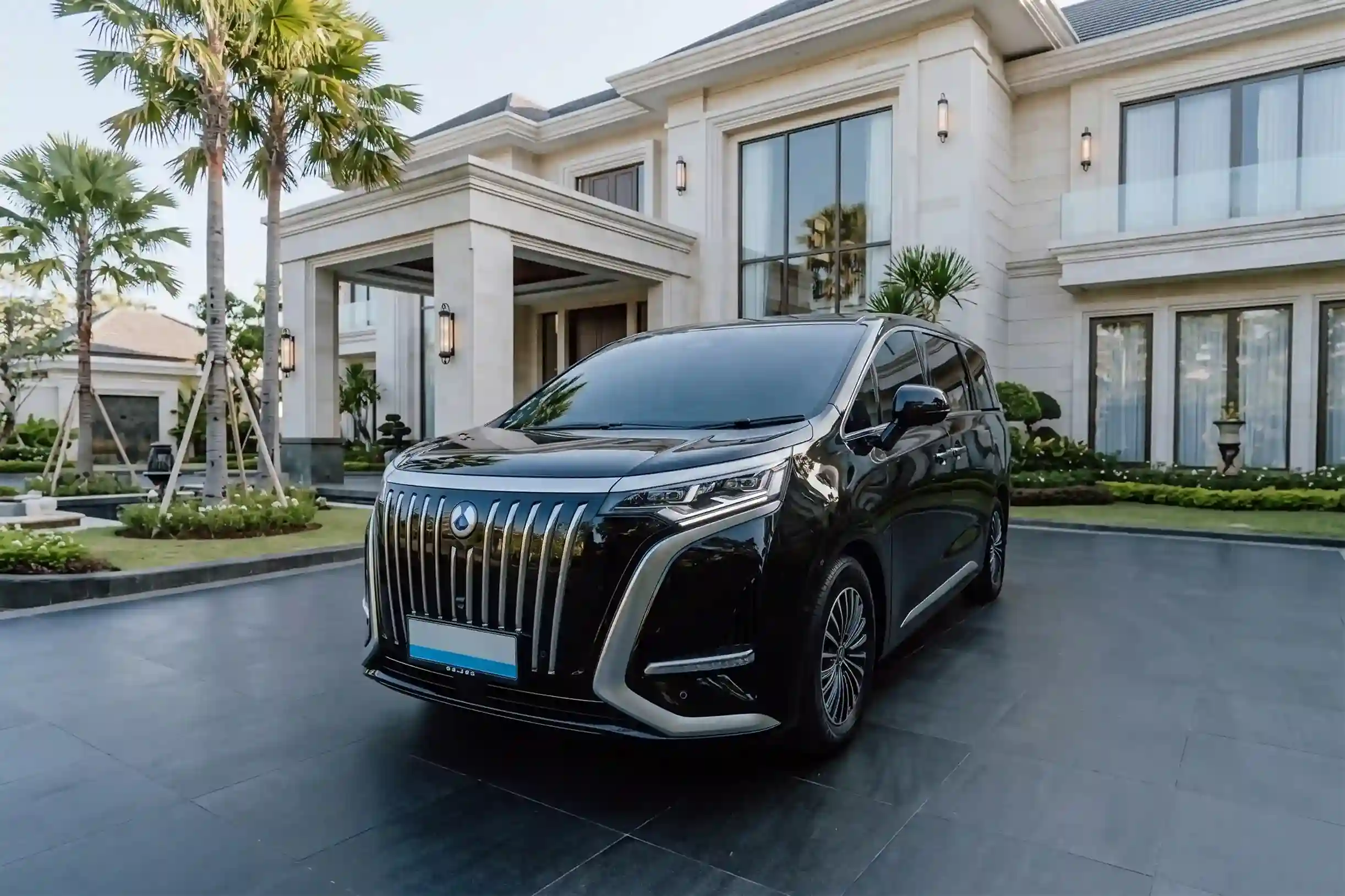 Private tour vehicle waiting at the entrance of a Bali villa